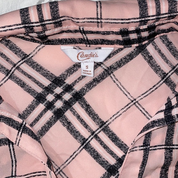 Candie’s | Pink Plaid Lightweight Sheer Flannel Button Ip Top Cutout Shoulders - Picture 7 of 13